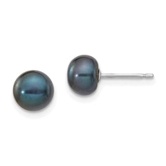 14k White Gold 6-7mm Black Button Freshwater Cultured Pearl Stud Post Earrings