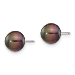 14k White Gold 7-8mm Black Button Freshwater Cultured Pearl Stud Post Earrings