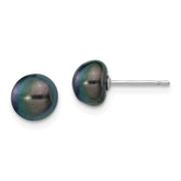 14k White Gold 7-8mm Black Button Freshwater Cultured Pearl Stud Post Earrings