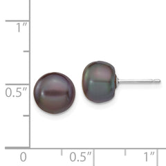 14k White Gold 8-9mm Black Button Freshwater Cultured Pearl Stud Post Earrings