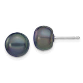 14k White Gold 8-9mm Black Button Freshwater Cultured Pearl Stud Post Earrings