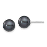 14k White Gold 8-9mm Black Round Freshwater Cultured Pearl Stud Post Earrings