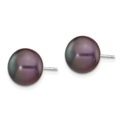 14k White Gold 9-10mm Black Button Freshwater Cultured Pearl Stud Post Earrings