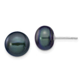 14k White Gold 9-10mm Black Button Freshwater Cultured Pearl Stud Post Earrings
