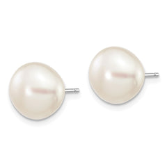 14k White Gold 9-10mm White Button Freshwater Cultured Pearl Stud Post Earrings