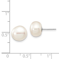 14k White Gold 9-10mm White Button Freshwater Cultured Pearl Stud Post Earrings