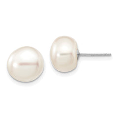 14k White Gold 9-10mm White Button Freshwater Cultured Pearl Stud Post Earrings