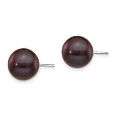 14k White Gold 9-10mm Black Round Freshwater Cultured Pearl Stud Post Earrings