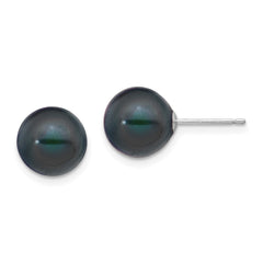 14k White Gold 9-10mm Black Round Freshwater Cultured Pearl Stud Post Earrings