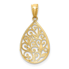 14K Gold Polished and Textured Small Filigree Teardrop Pendant