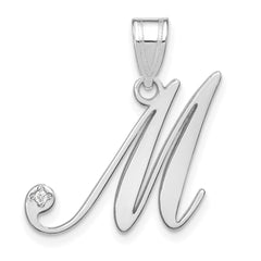 14K White Gold Script Letter M Initial Pendant with Diamond