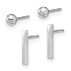 14K White Gold Polished 3mm Ball and Bar Earring Set