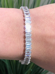 LIV Platinum over Sterling Silver Emerald Cut Tennis Bracelet With Hand Set Simulated Diamonds Bridal Travel Very Sparkly!