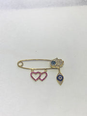 LIV Baby 18k Yellow Gold over Sterling Silver Hamsa & Evil Eye Protection With Hand Set Simulated Diamonds Pin Great For Strollers and Cribs
