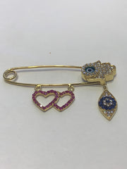 LIV Baby 18k Yellow Gold over Sterling Silver Hamsa & Evil Eye Protection With Hand Set Simulated Diamonds Pin Great For Strollers and Cribs