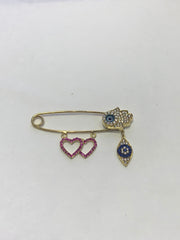 LIV Baby 18k Yellow Gold over Sterling Silver Hamsa & Evil Eye Protection With Hand Set Simulated Diamonds Pin Great For Strollers and Cribs