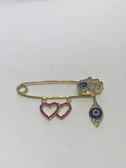 LIV Baby 18k Yellow Gold over Sterling Silver Hamsa & Evil Eye Protection With Hand Set Simulated Diamonds Pin Great For Strollers and Cribs