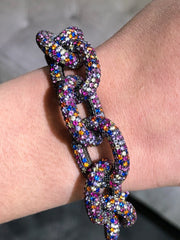 LIV Large Pave Sterling Silver Link Bracelet With Hand Set Simulated Colored Diamonds