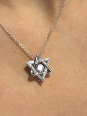 LIV Sterling Silver Star Of David Necklace Hand Placed Simulated Diamonds "Dancing Diamond" Center