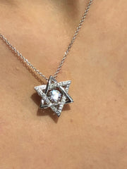 LIV Sterling Silver Star Of David Necklace Hand Placed Simulated Diamonds "Dancing Diamond" Center
