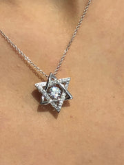LIV Sterling Silver Star Of David Necklace Hand Placed Simulated Diamonds "Dancing Diamond" Center