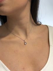 LIV Platinum over Sterling Silver Rain Drop Design Halo Necklace With Hand Set Simulated Diamond "Dancing Diamond" Center Stone