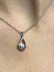 LIV Platinum over Sterling Silver Rain Drop Design Halo Necklace With Hand Set Simulated Diamond "Dancing Diamond" Center Stone