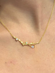 LIV 18K Yellow Gold over Sterling Silver Tree Branch Bar Design Necklace With Hand Set "Dancing" Simulated Diamonds