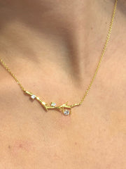LIV 18K Yellow Gold over Sterling Silver Tree Branch Bar Design Necklace With Hand Set "Dancing" Simulated Diamonds