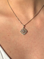 LIV 14K White Genuine White Diamonds Clover Heart Cushion Halo Necklace
