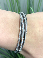 LIV Platinum Sterling Silver Black & White Sapphire Half Way Design Bangle Bracelet