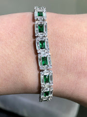 LIV Platinum over Sterling Silver Emerald Cut Invisible Hand Set Simulated Diamonds & Green Emeralds Tennis Bracelet Bridal Travel