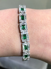 LIV Platinum over Sterling Silver Emerald Cut Invisible Hand Set Simulated Diamonds & Green Emeralds Tennis Bracelet Bridal Travel