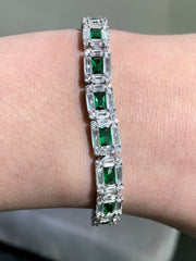 LIV Platinum over Sterling Silver Emerald Cut Invisible Hand Set Simulated Diamonds & Green Emeralds Tennis Bracelet Bridal Travel