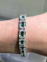 LIV Platinum over Sterling Silver Emerald Cut Invisible Hand Set Simulated Diamonds & Green Emeralds Tennis Bracelet Bridal Travel