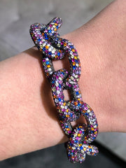 LIV Large Pave Sterling Silver Link Bracelet With Hand Set Simulated Colored Diamonds