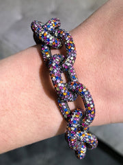 LIV Large Pave Sterling Silver Link Bracelet With Hand Set Simulated Colored Diamonds