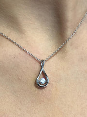 LIV Platinum over Sterling Silver Rain Drop Design Halo Necklace With Hand Set Simulated Diamond "Dancing Diamond" Center Stone