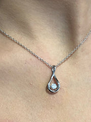 LIV Platinum over Sterling Silver Rain Drop Design Halo Necklace With Hand Set Simulated Diamond "Dancing Diamond" Center Stone