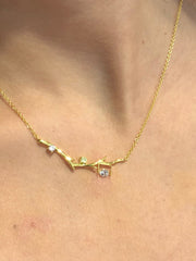 LIV 18K Yellow Gold over Sterling Silver Tree Branch Bar Design Necklace With Hand Set "Dancing" Simulated Diamonds