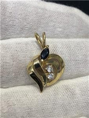 LIV 14k Yellow Gold Genuine Diamonds Blue Sapphire Small Abstract Heart Pendant