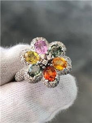 LIV 14k White Gold Diamonds & Multi Color Sapphire Pave Flower Halo Design Ring