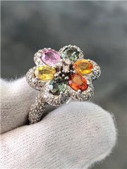 LIV 14k White Gold Diamonds & Multi Color Sapphire Pave Flower Halo Design Ring