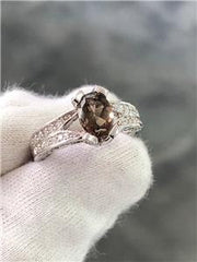 LIV 14k White Gold Genuine White Diamonds Smokey Topaz Oval Cut Engagement Ring