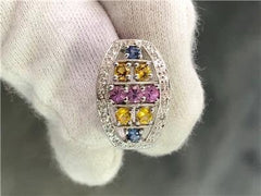 LIV 14k White Gold Genuine Diamonds Multi Sapphire Halo Design Round Cut Ring