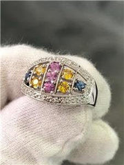 LIV 14k White Gold Genuine Diamonds Multi Sapphire Halo Design Round Cut Ring