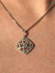 LIV 14K White Genuine White Diamonds Clover Heart Cushion Halo Necklace