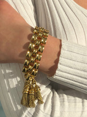 LIV 18K Solid Yellow Gold Timeless Vintage Hand Made Wide Link Tassel Bracelet 105.5 Grams