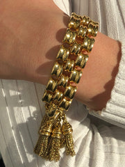 LIV 18K Solid Yellow Gold Timeless Vintage Hand Made Wide Link Tassel Bracelet 105.5 Grams