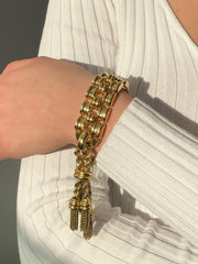 LIV 18K Solid Yellow Gold Timeless Vintage Hand Made Wide Link Tassel Bracelet 105.5 Grams